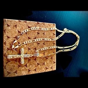 14k gold figaro chain and diamond cross